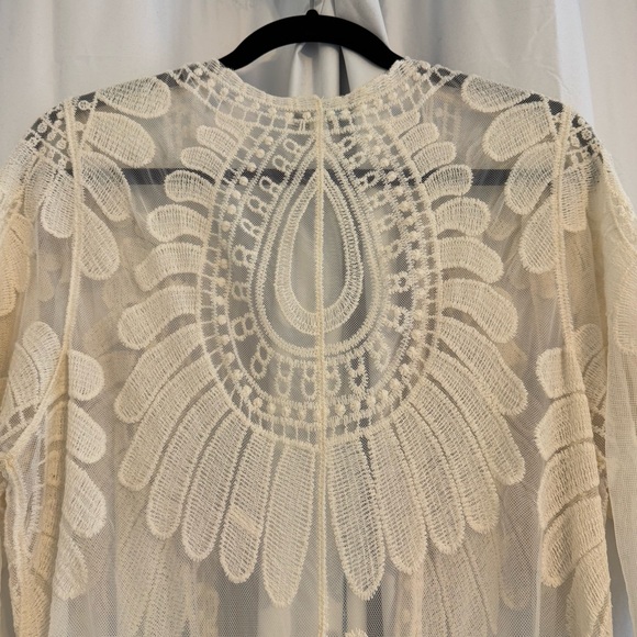 Boho Lace Kimono Duster Cardigan Cream Floral Crochet Open Front Women’s Small - Picture 4 of 9